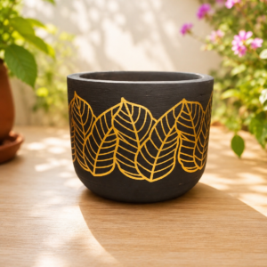 Black Terracotta Clay Planter with Gold Leaf Design