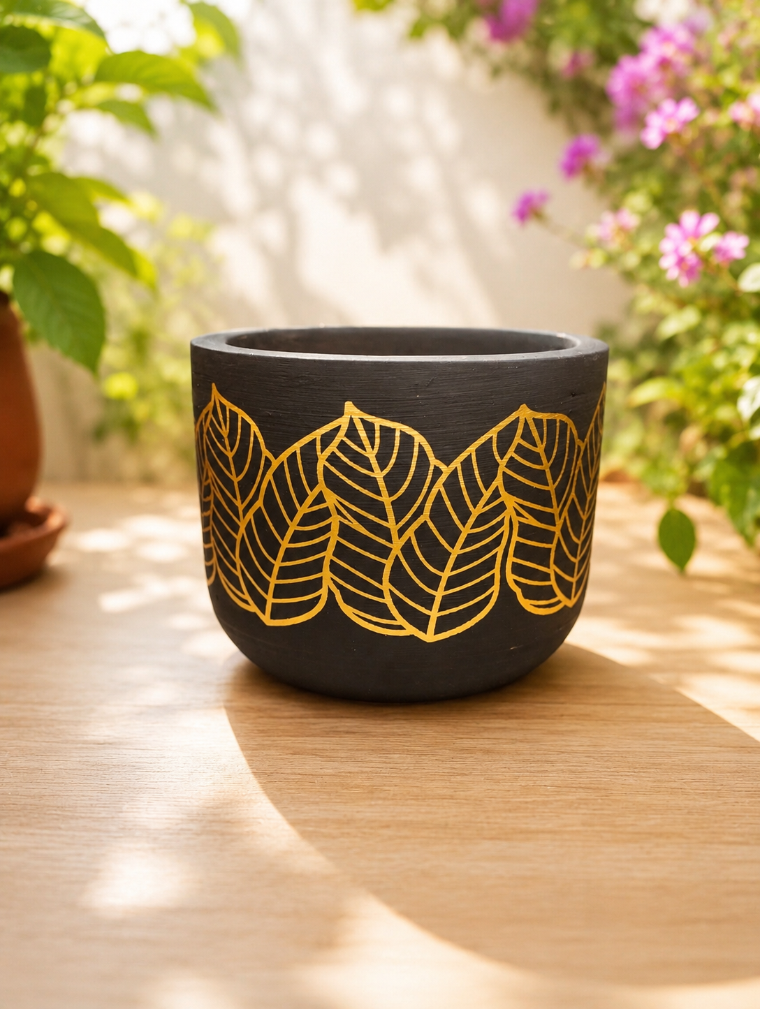 Black Terracotta Clay Planter with Gold Leaf Design