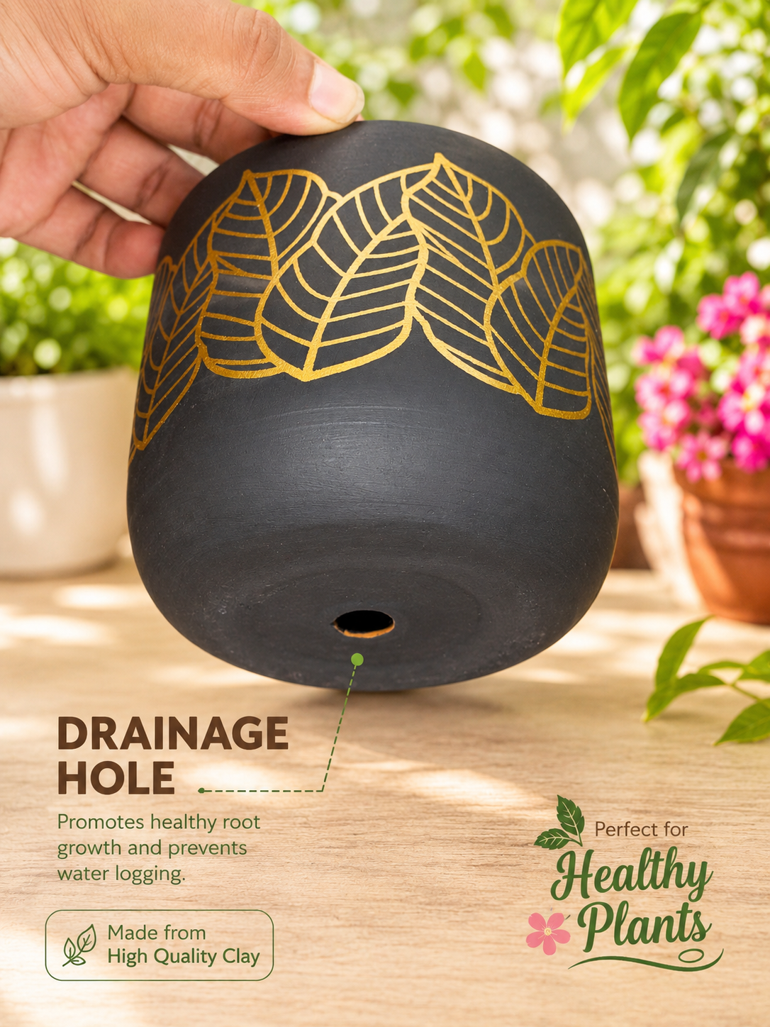 Black Terracotta Clay Planter with Gold Leaf Design - Image 4