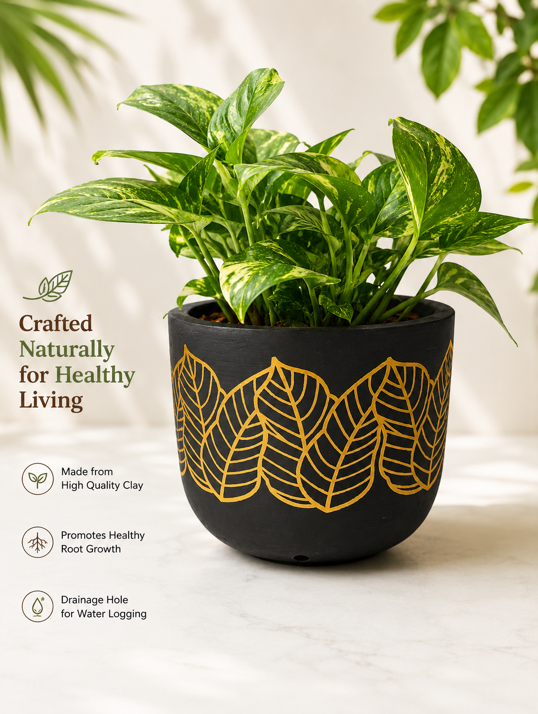 Black Terracotta Clay Planter with Gold Leaf Design - Image 3