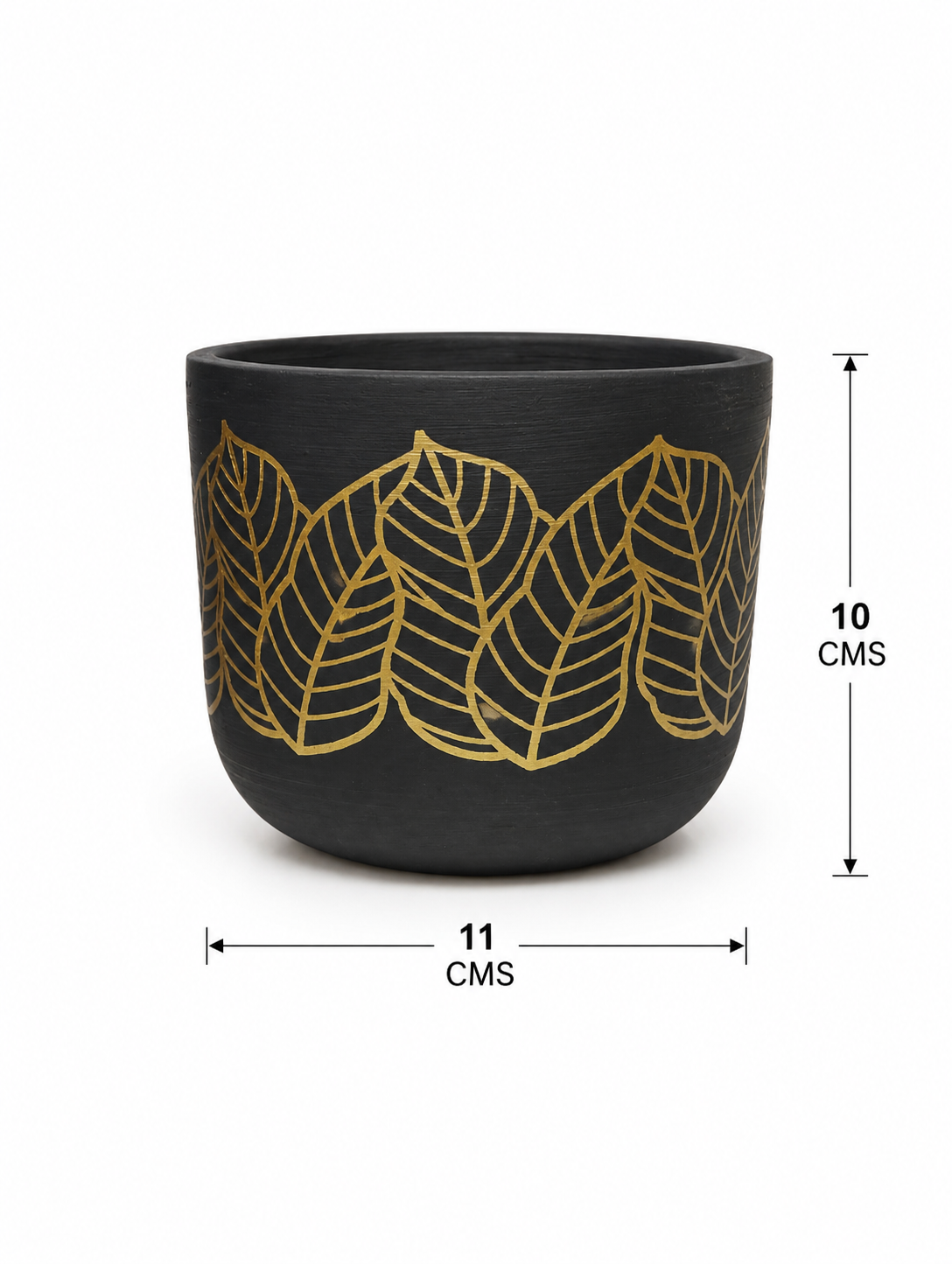 Black Terracotta Clay Planter with Gold Leaf Design - Image 2