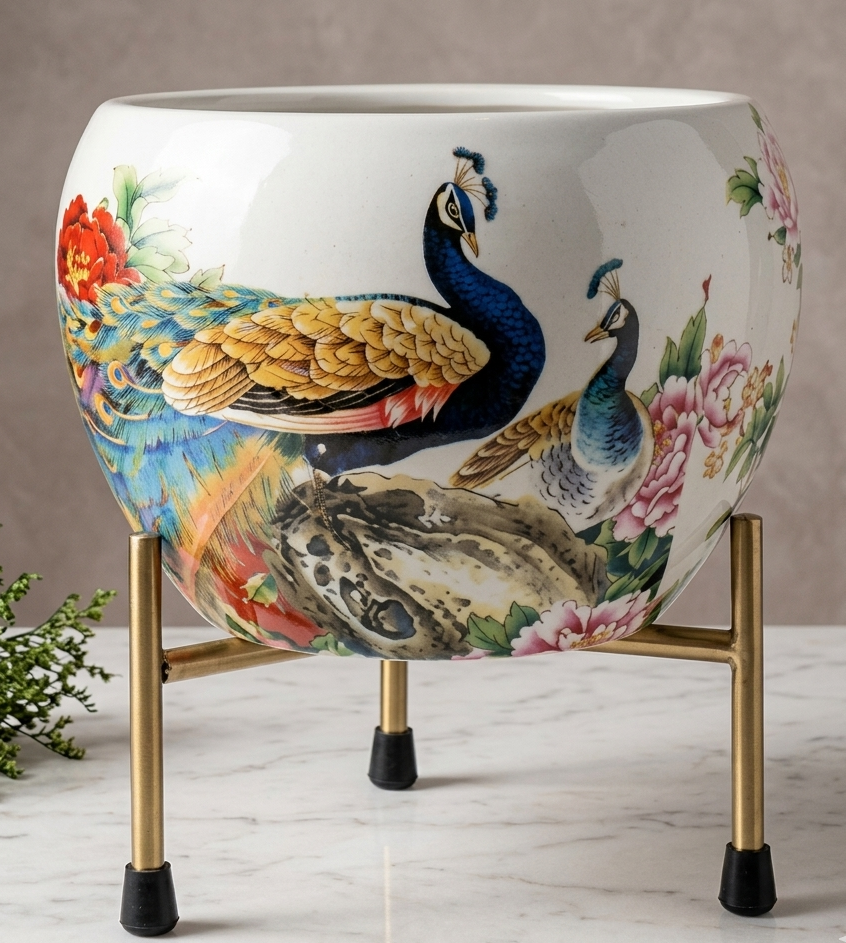 Peacock Design Metal Planter with Stand