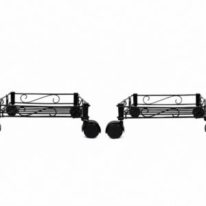 Set of 2 heavy-duty black metal plant stands with wheels displaying decorative indoor plants, suitable for balconies, patios, gardens, and home decor.