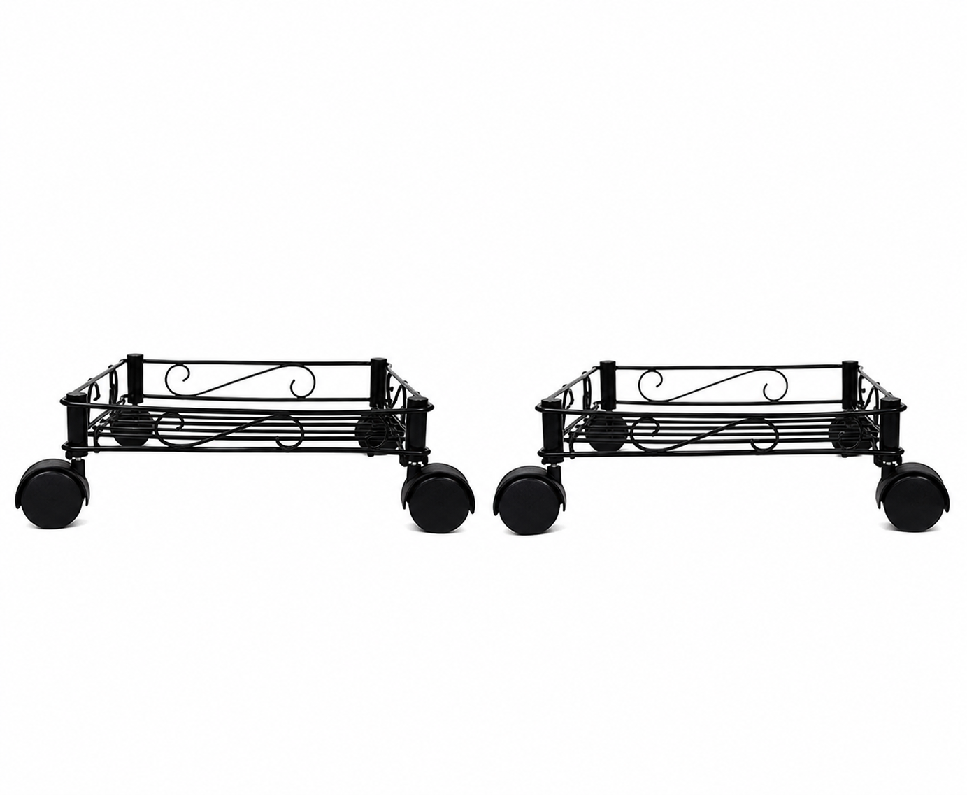 Set of 2 heavy-duty black metal plant stands with wheels displaying decorative indoor plants, suitable for balconies, patios, gardens, and home decor.