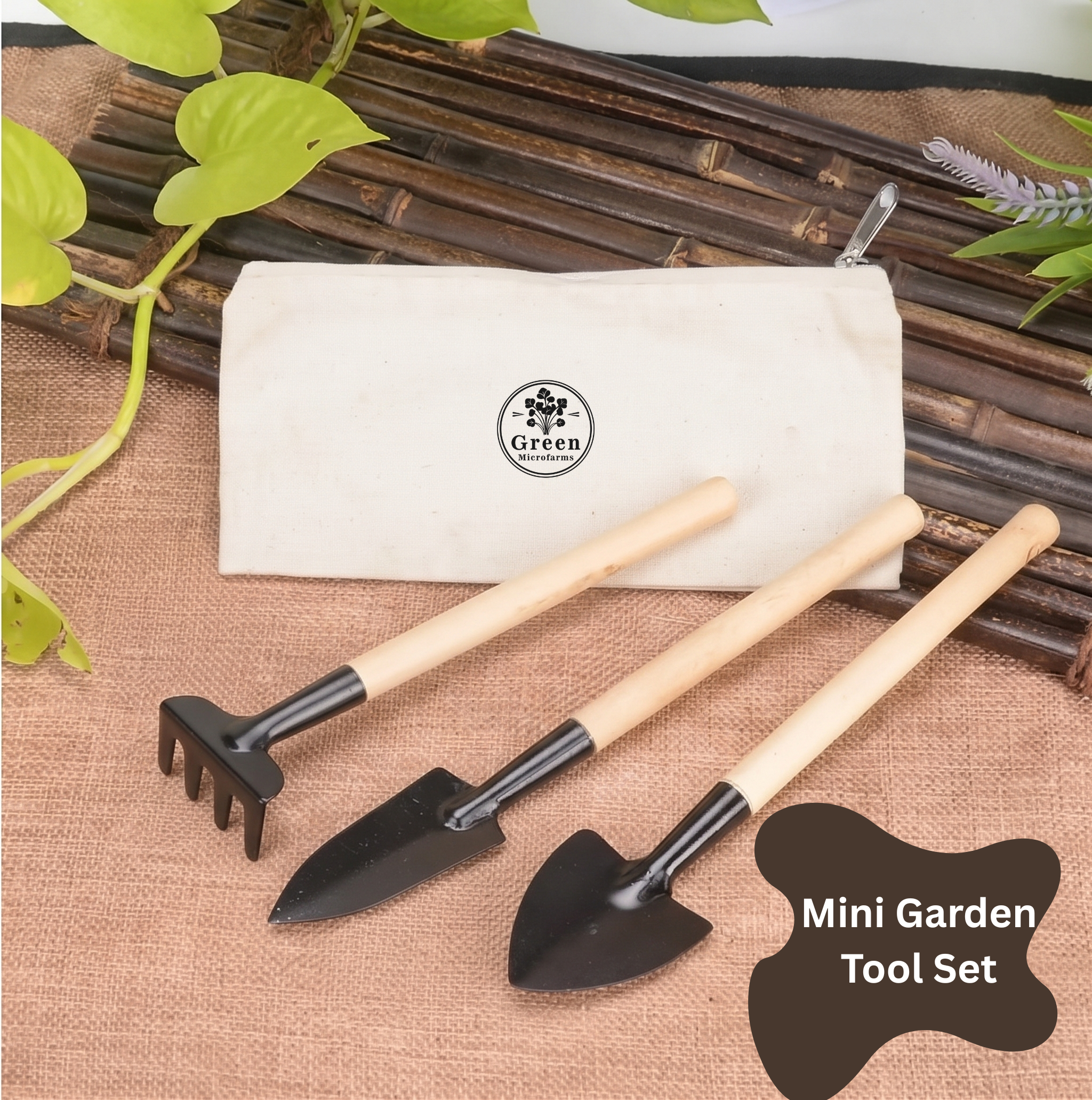 Mini Gardening Tool Set of 3 with Cotton Storage Pouch