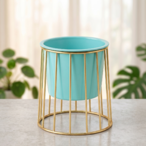 Turquoise Blue Metal Planter with Cage Stand