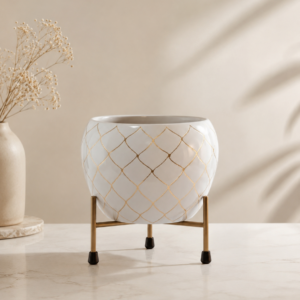 Auric White Metal Planter with Gold Stand | Premium Indoor Plant Pot
